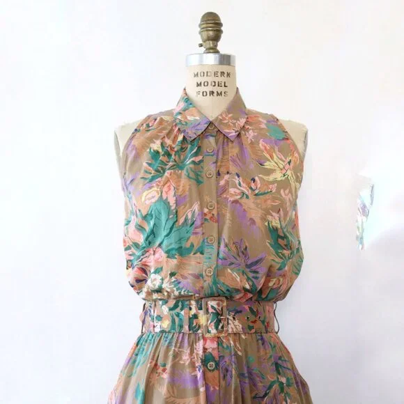 Vintage 1980s/1990s Tan Tropical Floral Belted Midi Dress Small/Medium - Picture 4 of 8
